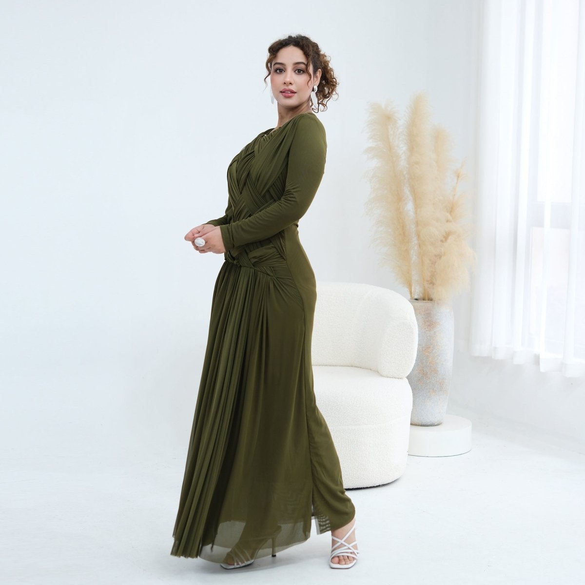 Woven Cross-Strap Bodice Mesh Maxi Dress(MS454)