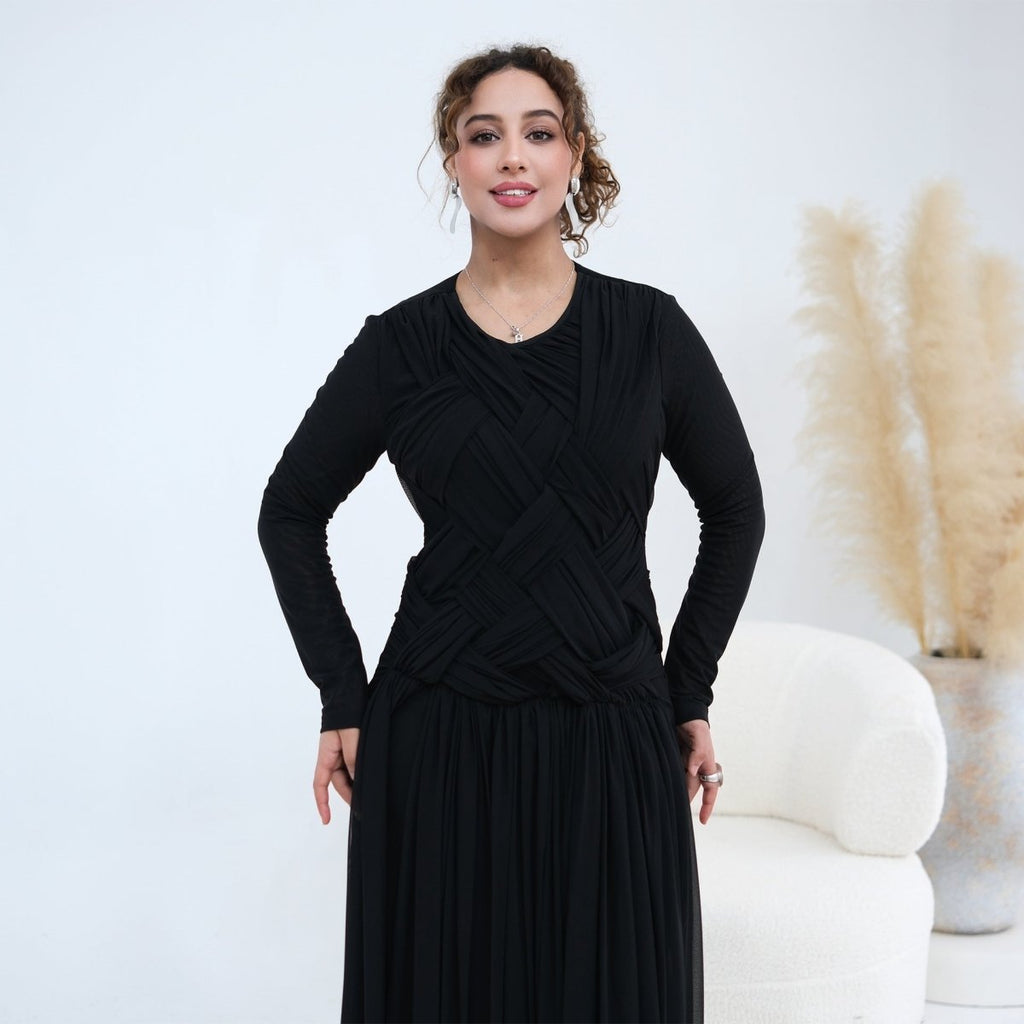 Woven Cross-Strap Bodice Mesh Maxi Dress(MS454)