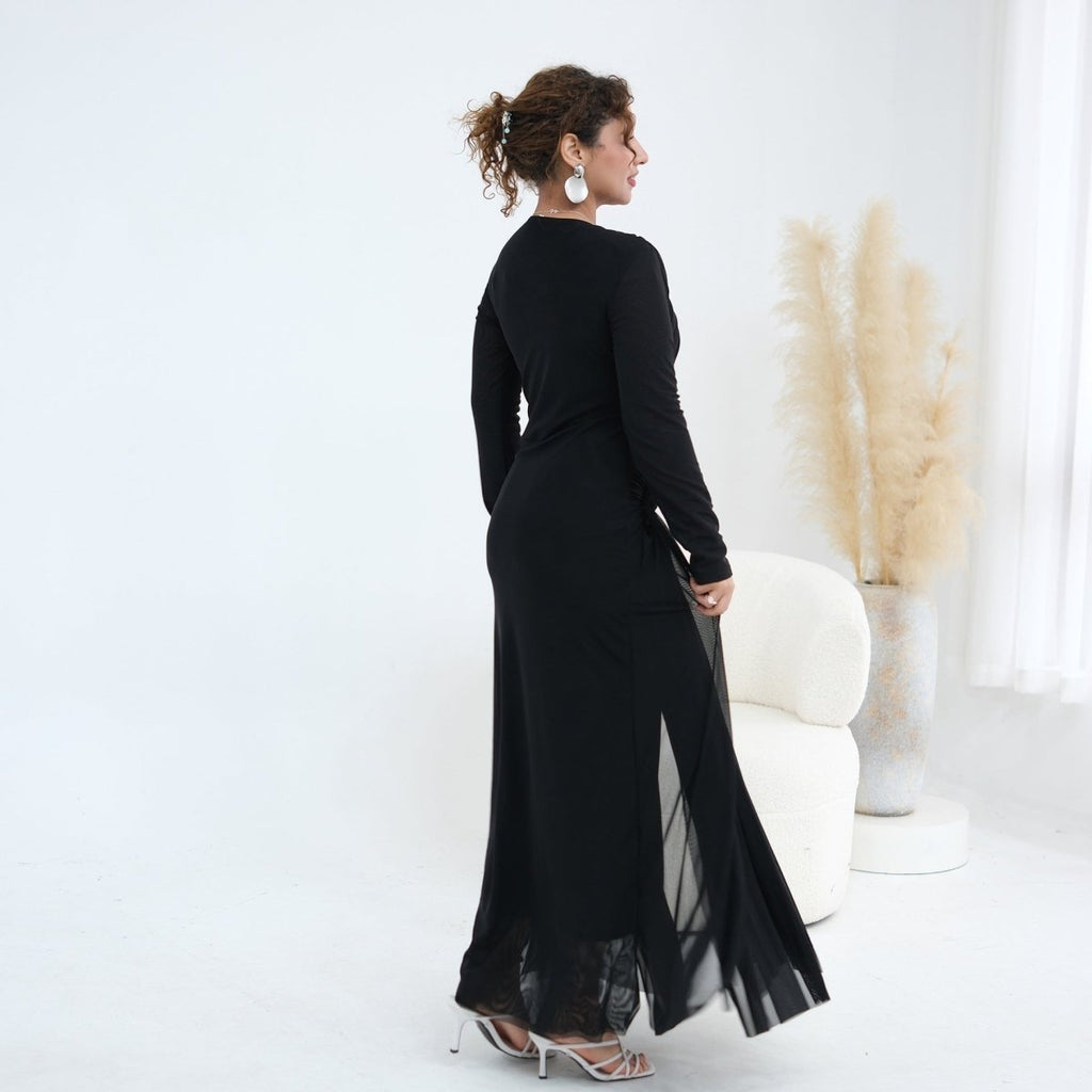 Woven Cross-Strap Bodice Mesh Maxi Dress(MS454)