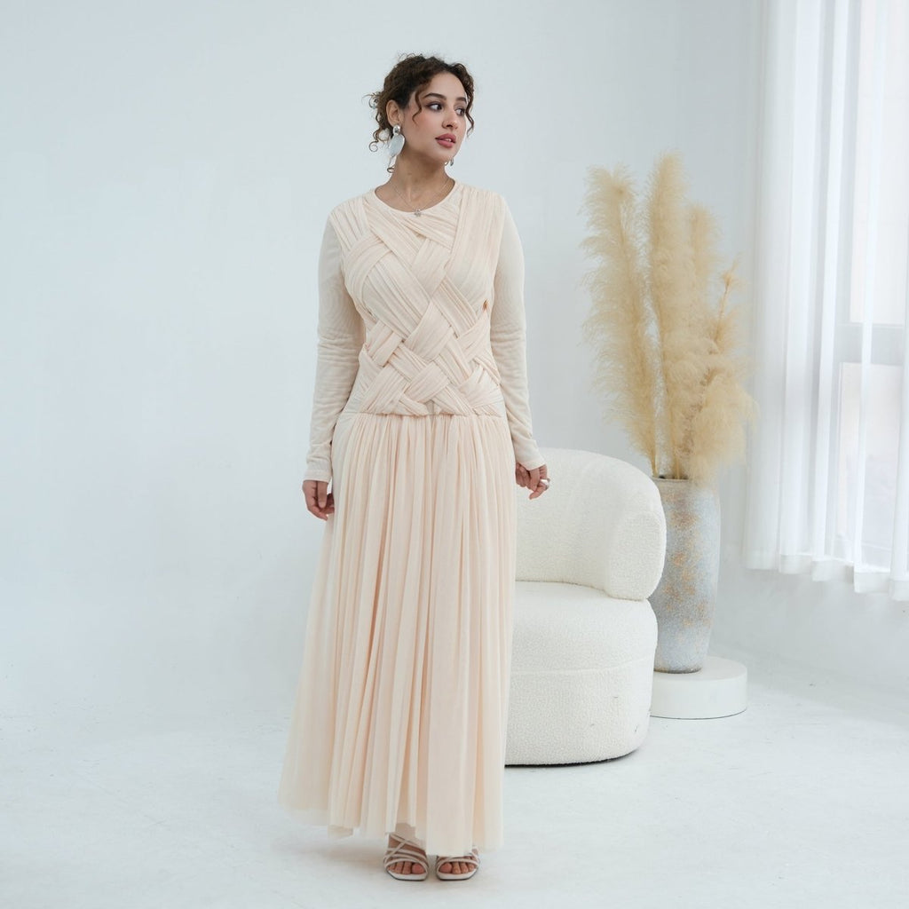 Woven Cross-Strap Bodice Mesh Maxi Dress(MS454)