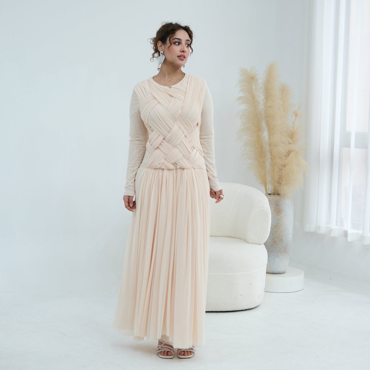 Woven Cross-Strap Bodice Mesh Maxi Dress(MS454)