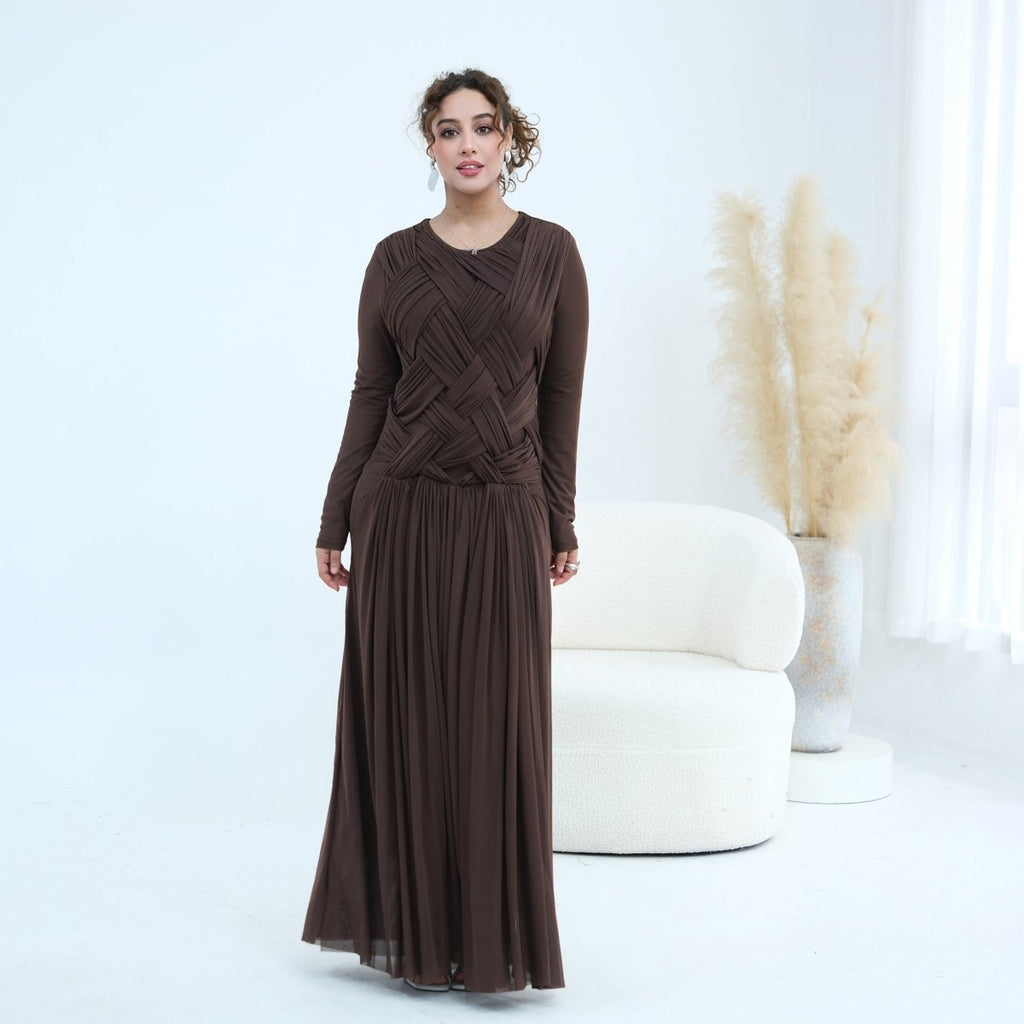 Woven Cross-Strap Bodice Mesh Maxi Dress(MS454)