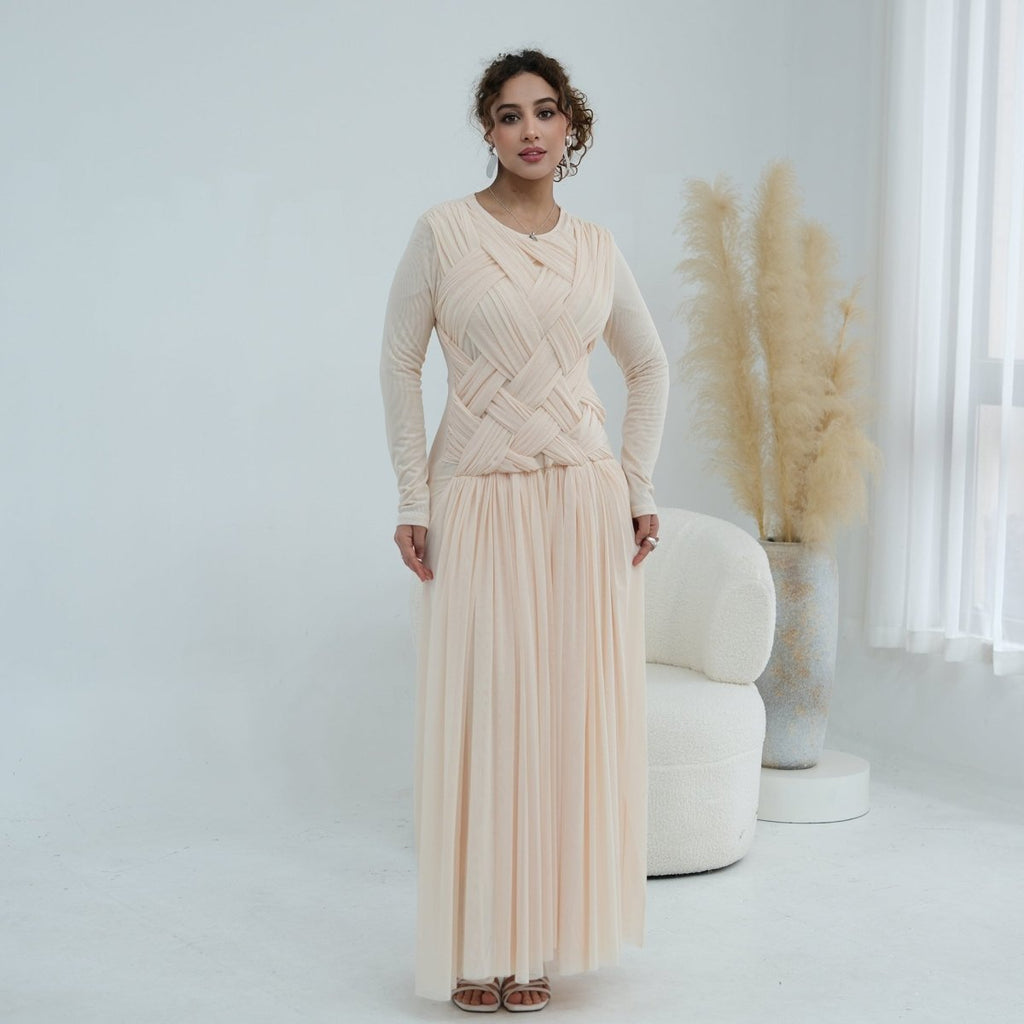 Woven Cross-Strap Bodice Mesh Maxi Dress(MS454)