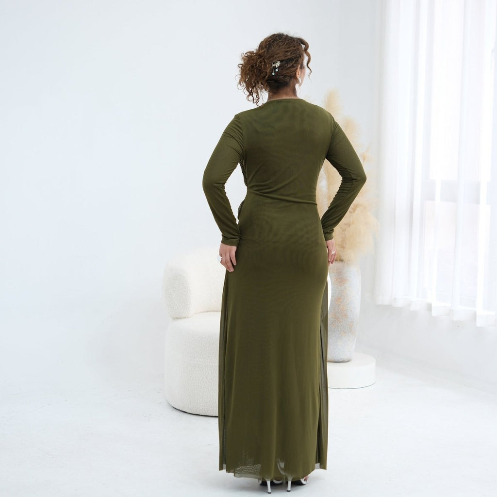 Woven Cross-Strap Bodice Mesh Maxi Dress(MS454)