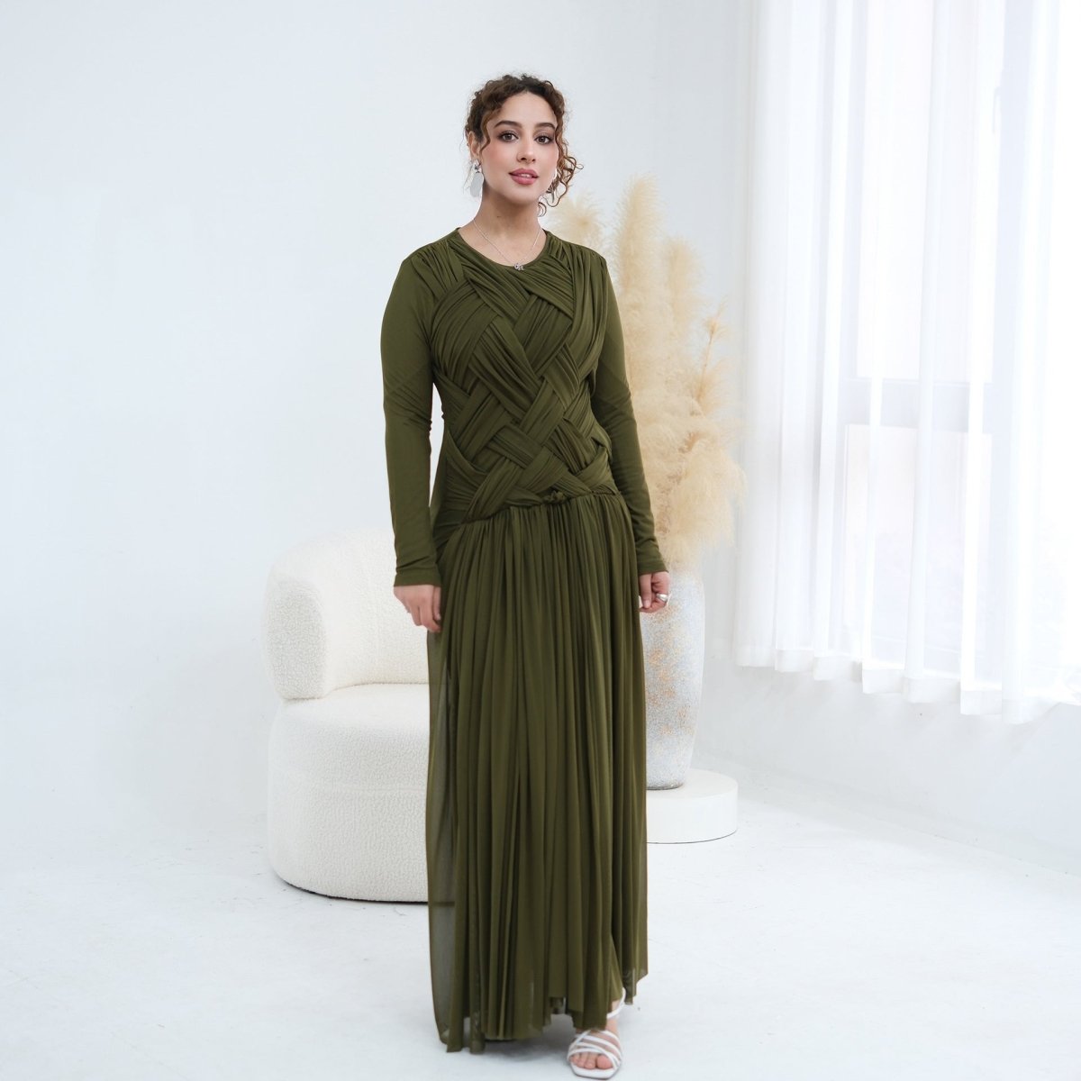 Woven Cross-Strap Bodice Mesh Maxi Dress(MS454)