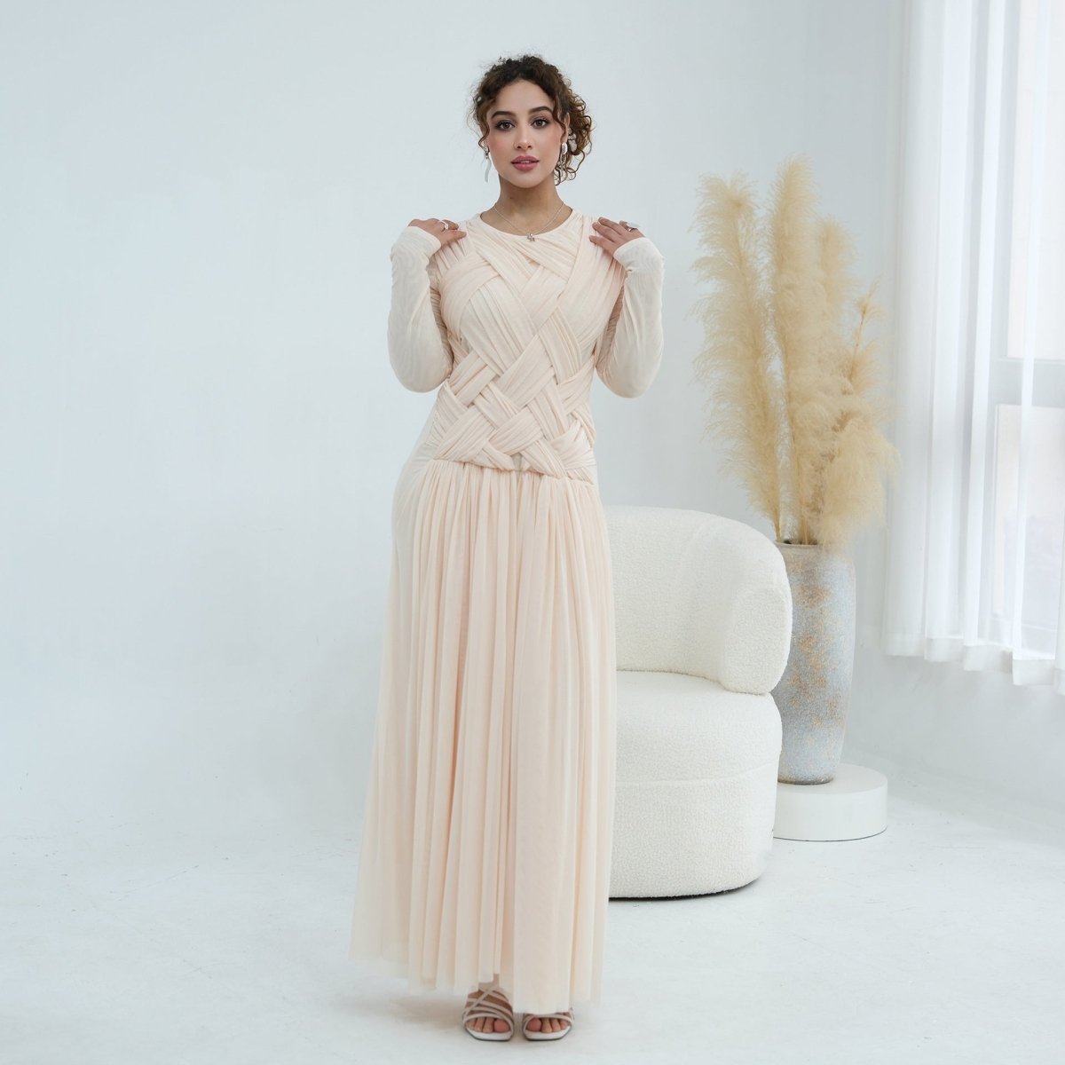 Woven Cross-Strap Bodice Mesh Maxi Dress(MS454)