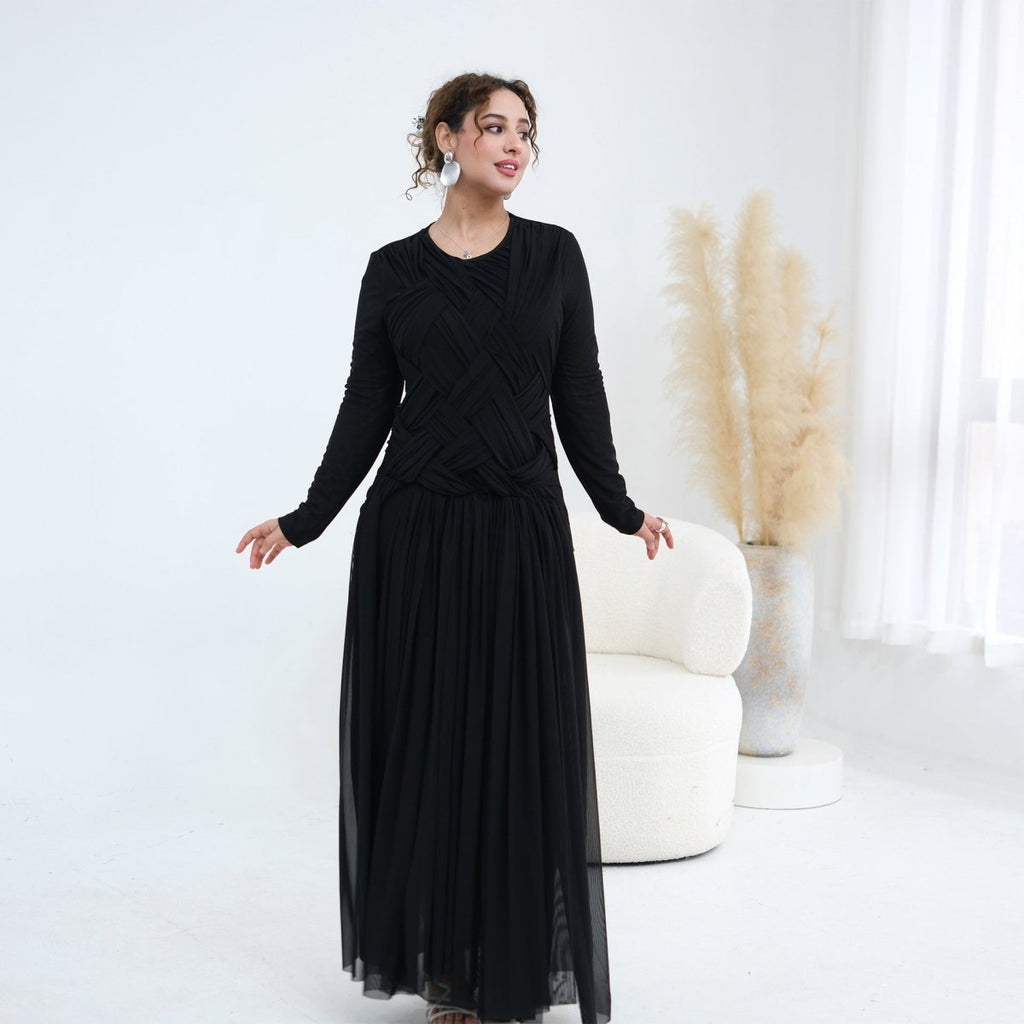 Woven Cross-Strap Bodice Mesh Maxi Dress(MS454)