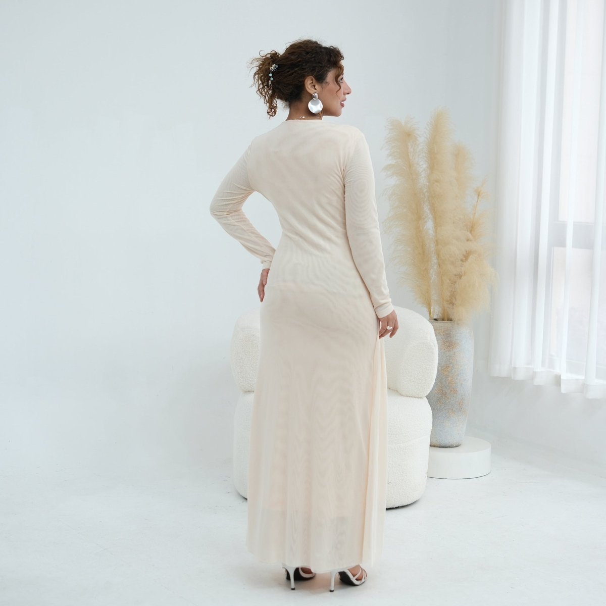 Woven Cross-Strap Bodice Mesh Maxi Dress(MS454)