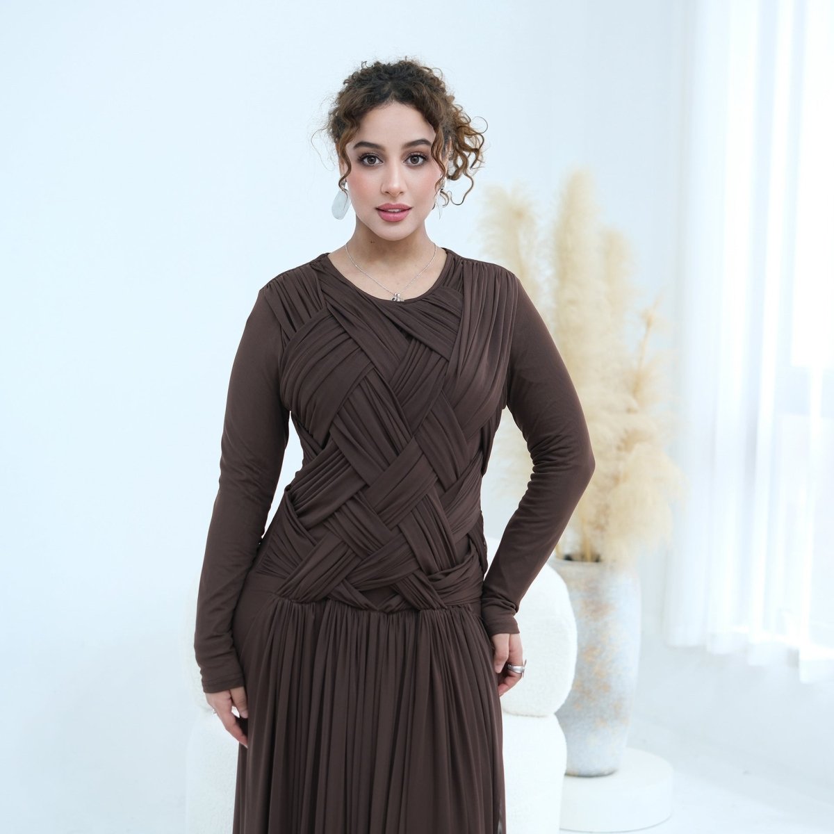 Woven Cross-Strap Bodice Mesh Maxi Dress(MS454)