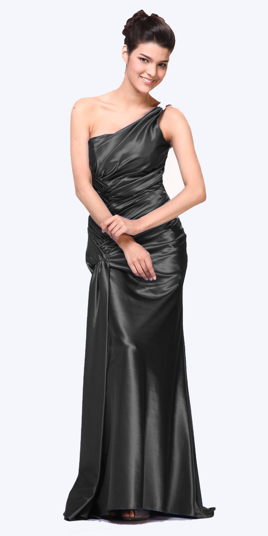 CLEARANCE - Cinderella Divine 7702 Rhinestone Straps One Shoulder Long Satin Gown (Size 2XL)
