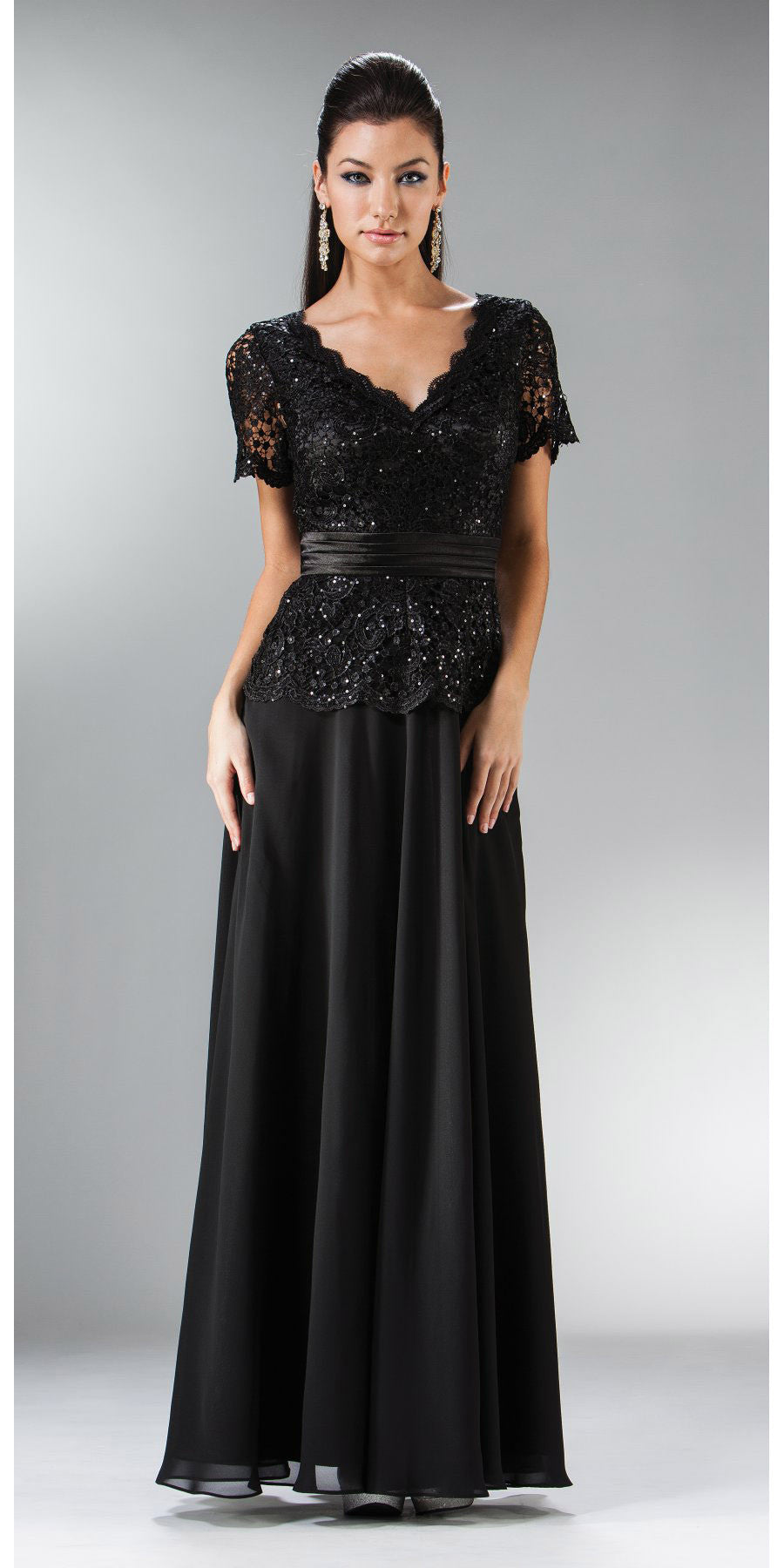 CLEARANCE - Cinderella Divine 1452 - Floor Length Black Dress Lace Top V-Neck (Size 2XL)