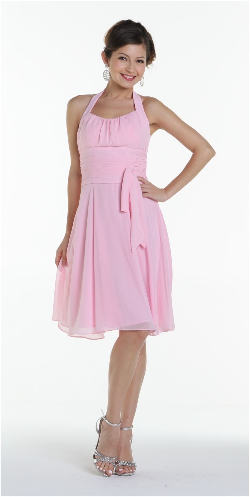 CLEARANCE - Halter Strap Yellow Chiffon Knee Length Dress With Bow (Size Small)