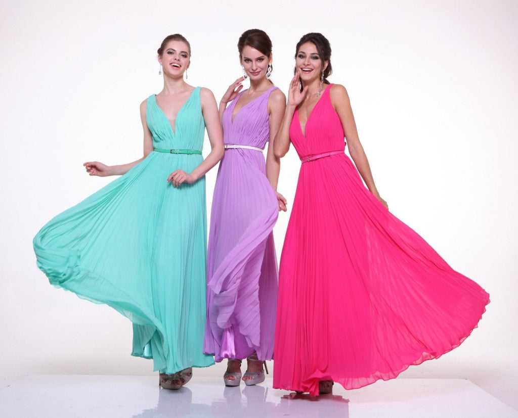 Cinderella Divine 1499 Long Chiffon Pleated Sleeveless Dress With Belt