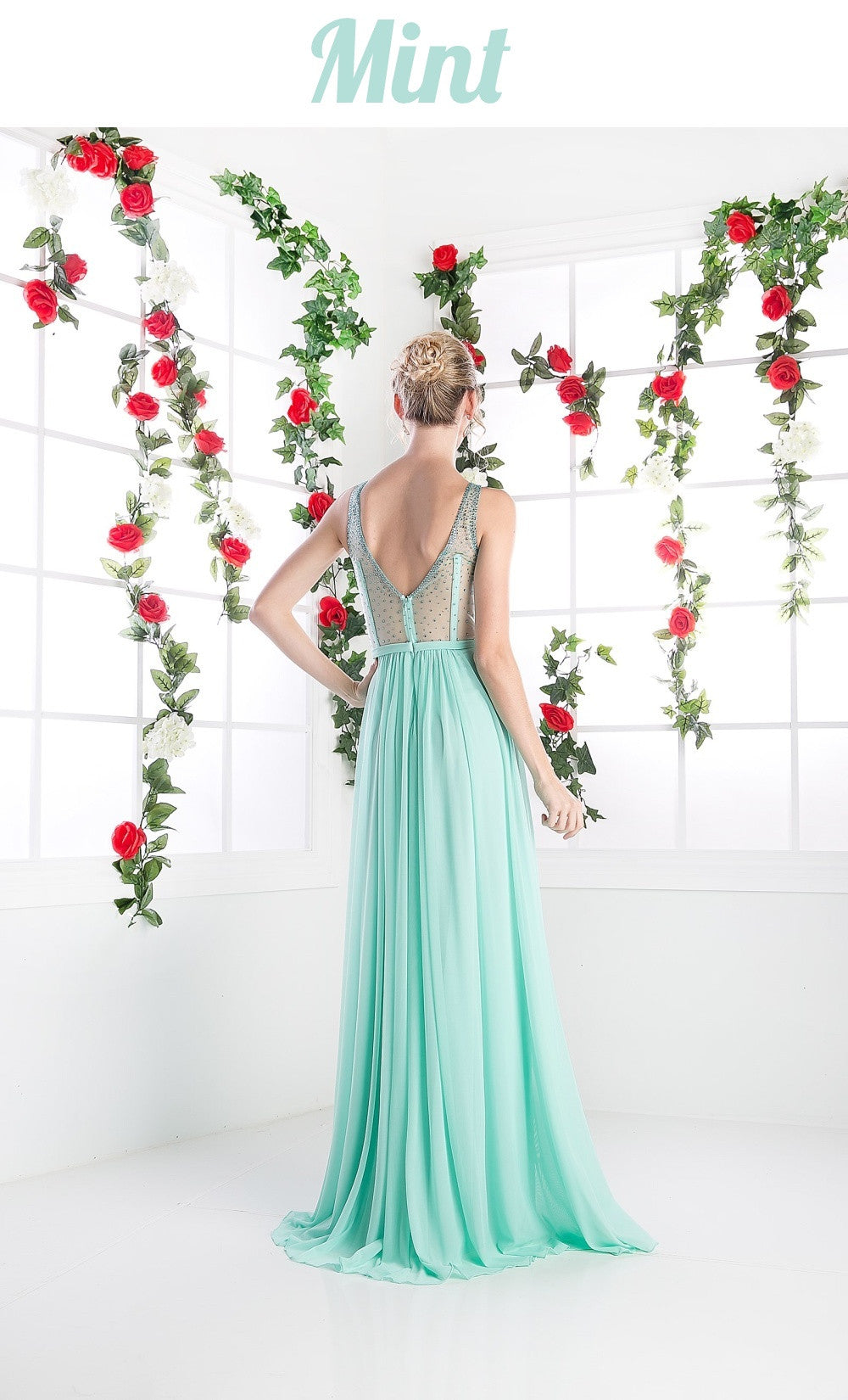 Cinderella Divine 5061 Sheer Beaded Strap Flowy Evening Dress