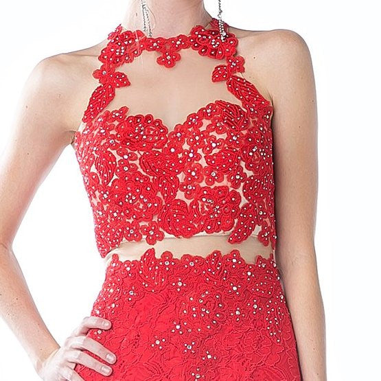 Cinderella Divine 1586 Halter Lace Appliques Mock Two-Piece Gown