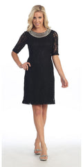 CLEARANCE - Modest Coral Knee Length Semi Formal Dress Short Sleeve Pearl Neck (Size XL, 3XL)